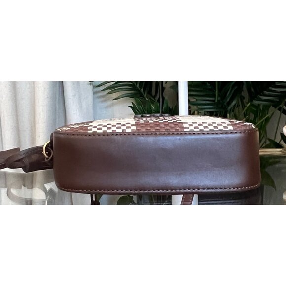 Authentic Tory Burch Brown and White Woven Plaid McGraw Camera Bag - Picture 6 of 8